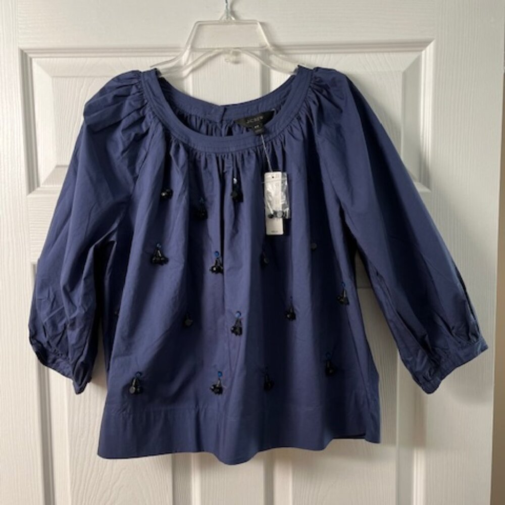J Crew Embellished Cotton Blouse Size Petite/XS Navy Blue